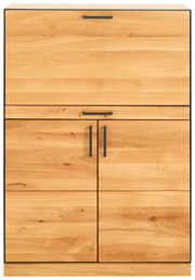 Frontale Ansicht eines Sekretärs aus hellem Holz mit schwarzen Griffen.