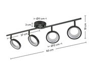 LED-Strahler mit vier runden Leuchten, seitliche Perspektive, Maße: 83 cm Länge, 19 cm Höhe, 12 cm Durchmesser der Leuchten.