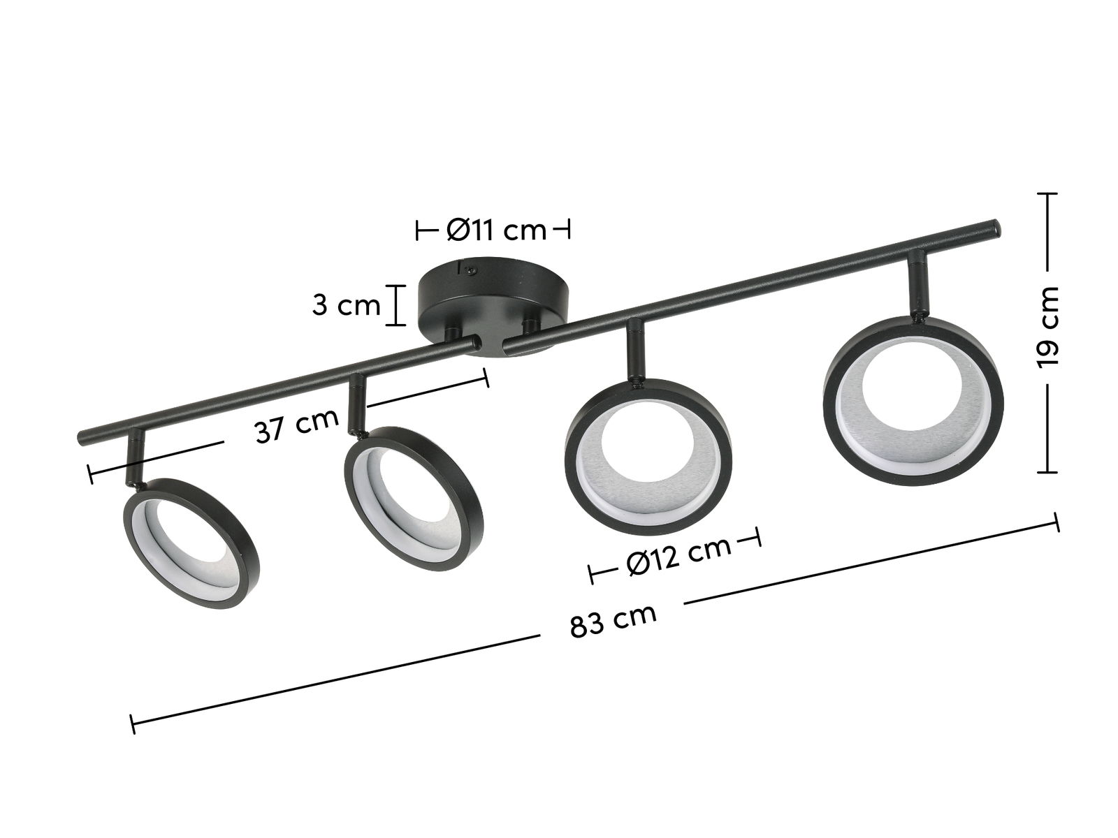 LED-Strahler mit vier runden Leuchten, seitliche Perspektive, Maße: 83 cm Länge, 19 cm Höhe, 12 cm Durchmesser der Leuchten.