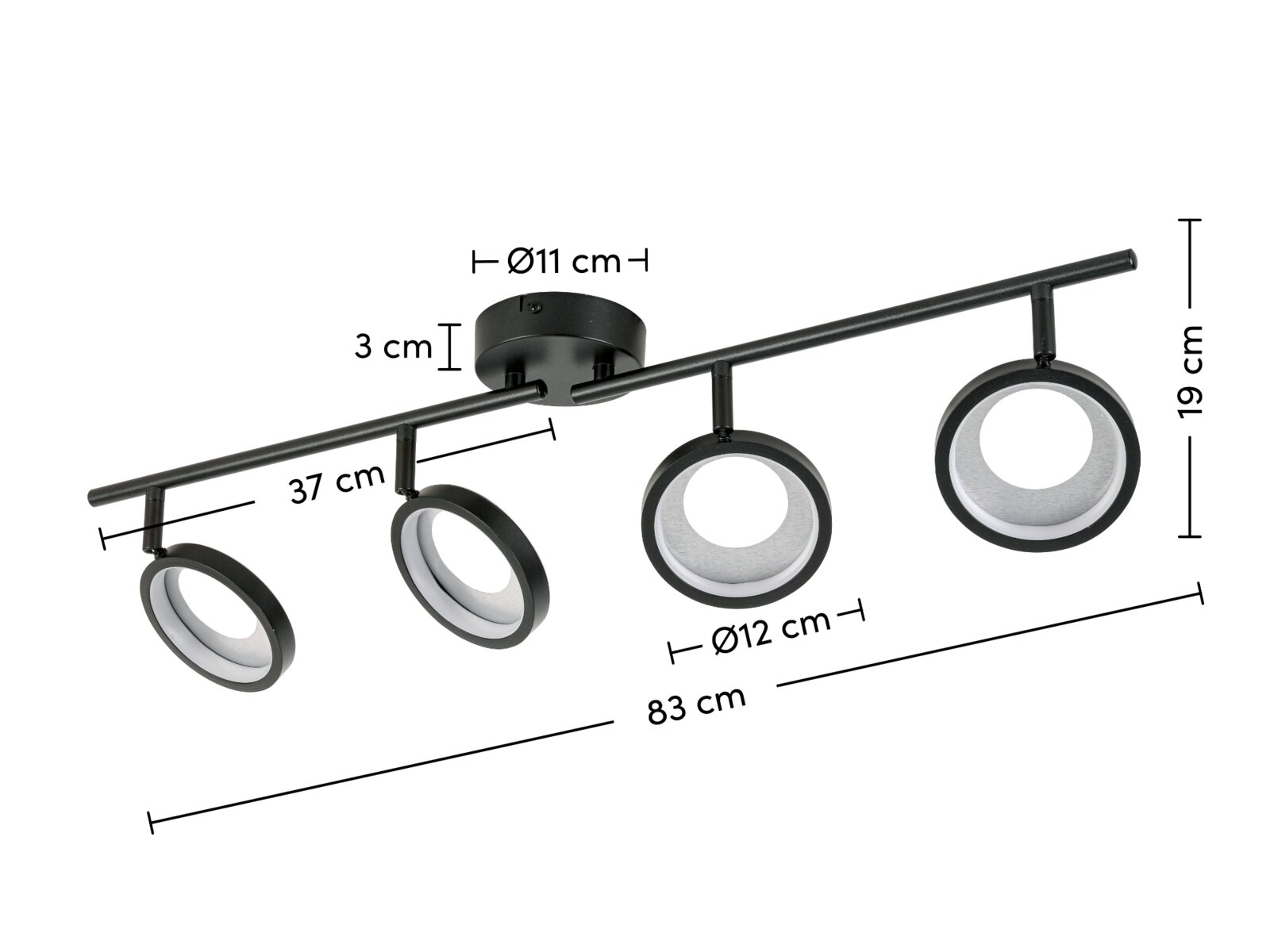 LED-Strahler mit vier runden Leuchten, seitliche Perspektive, Maße: 83 cm Länge, 19 cm Höhe, 12 cm Durchmesser der Leuchten.