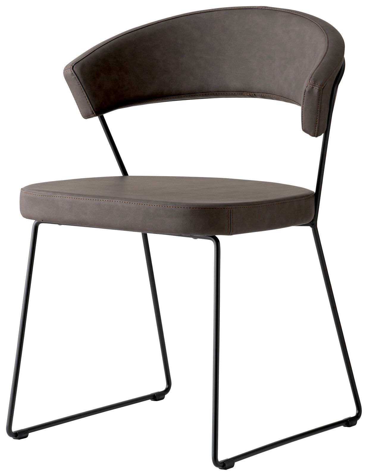 Moderner Stuhl mit gepolstertem Sitz und Rückenlehne in dunklem Leder, seitliche Perspektive