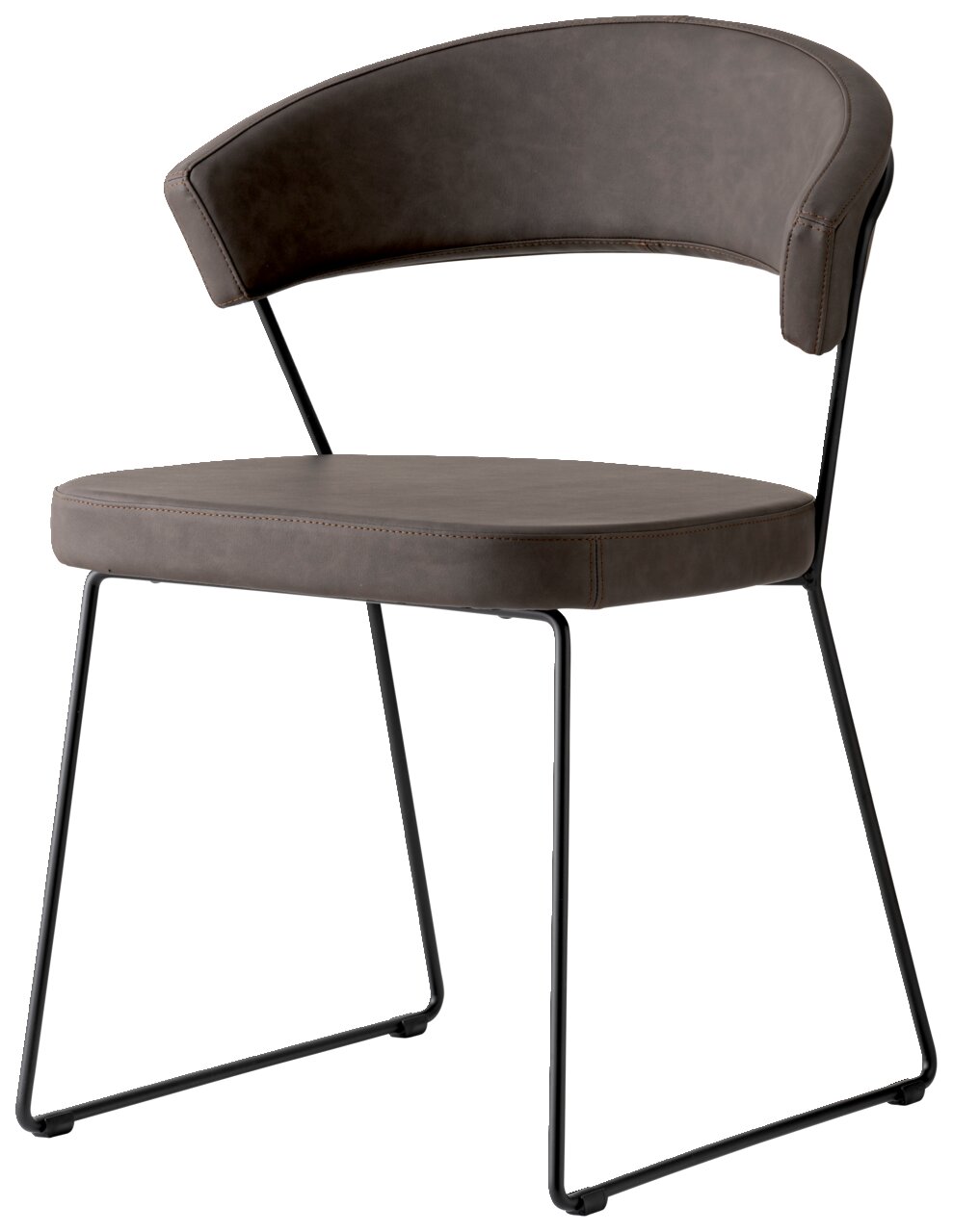 Moderner Stuhl mit gepolstertem Sitz und Rückenlehne in dunklem Leder, seitliche Perspektive