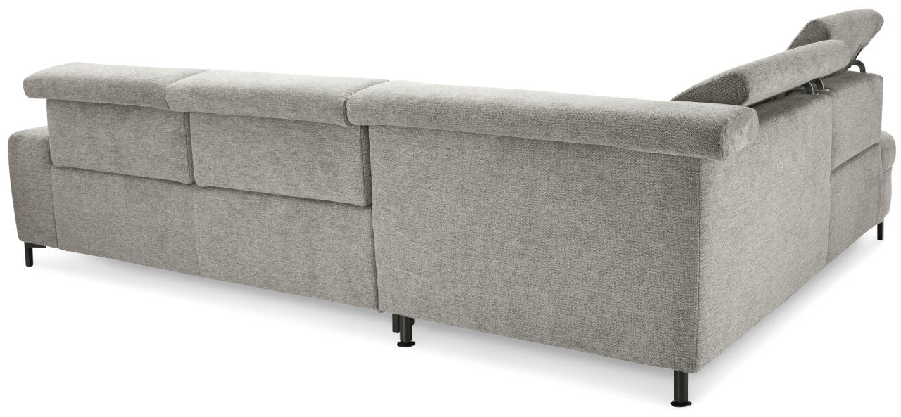 Rückansicht einer grauen Rundecke mit verstellbaren Kopfstützen und schwarzen Metallfüßen.