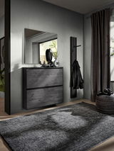 Moderner Eingangsbereich mit Hängeschuhschrank, Wandspiegel und Wandgarderobe in dunklem Holz, seitliche Perspektive