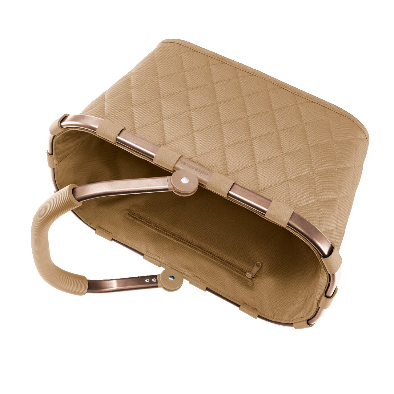 Carrybag Rhombus Ginger in schuin bovenaanzicht, beige met ruitvormig stiksel en stevige handvatten.