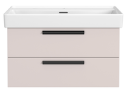 Frontansicht eines modernen Waschtisch-Sets mit zwei Schubladen und einem weißen Waschbecken.