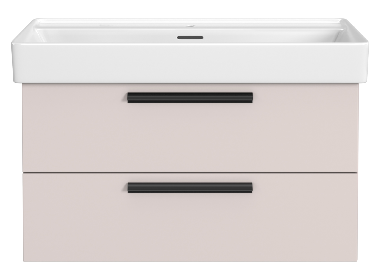 Frontansicht eines modernen Waschtisch-Sets mit zwei Schubladen und einem weißen Waschbecken.