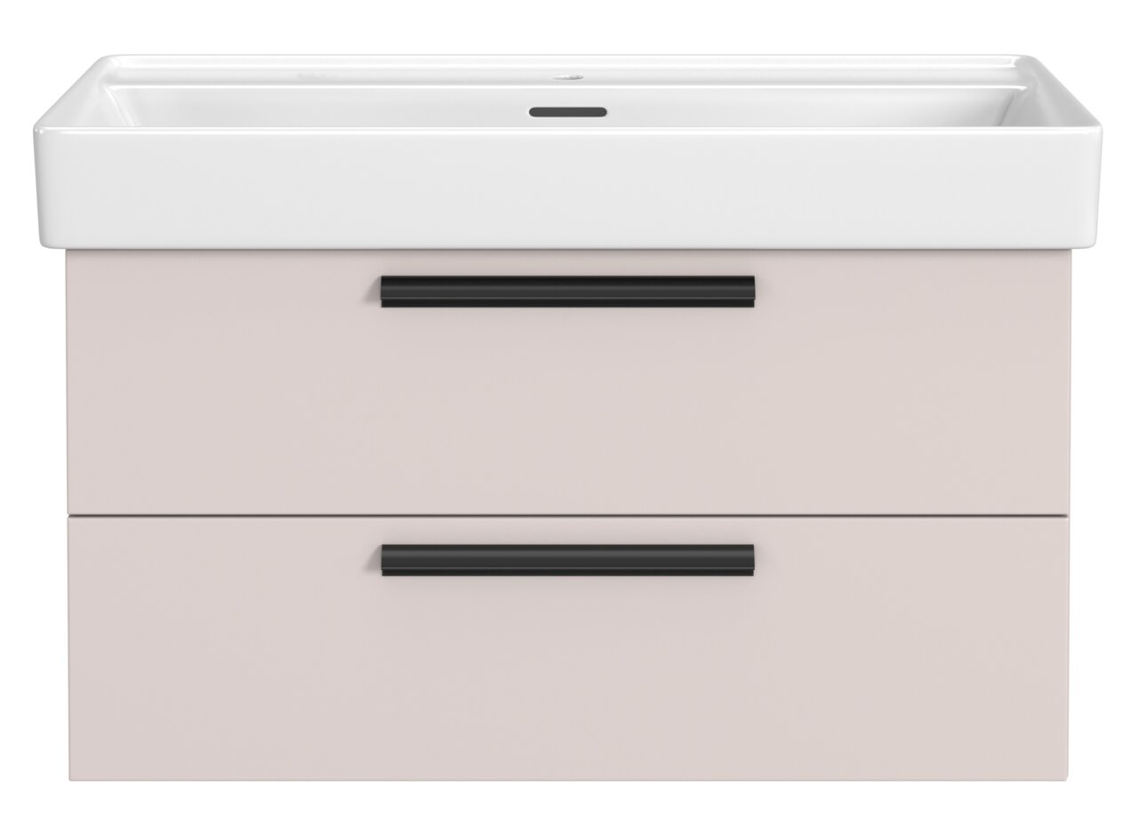 XORA Waschtisch-Set VANNES Frontansicht eines modernen Waschtisch-Sets mit zwei Schubladen und einem weißen Waschbecken.