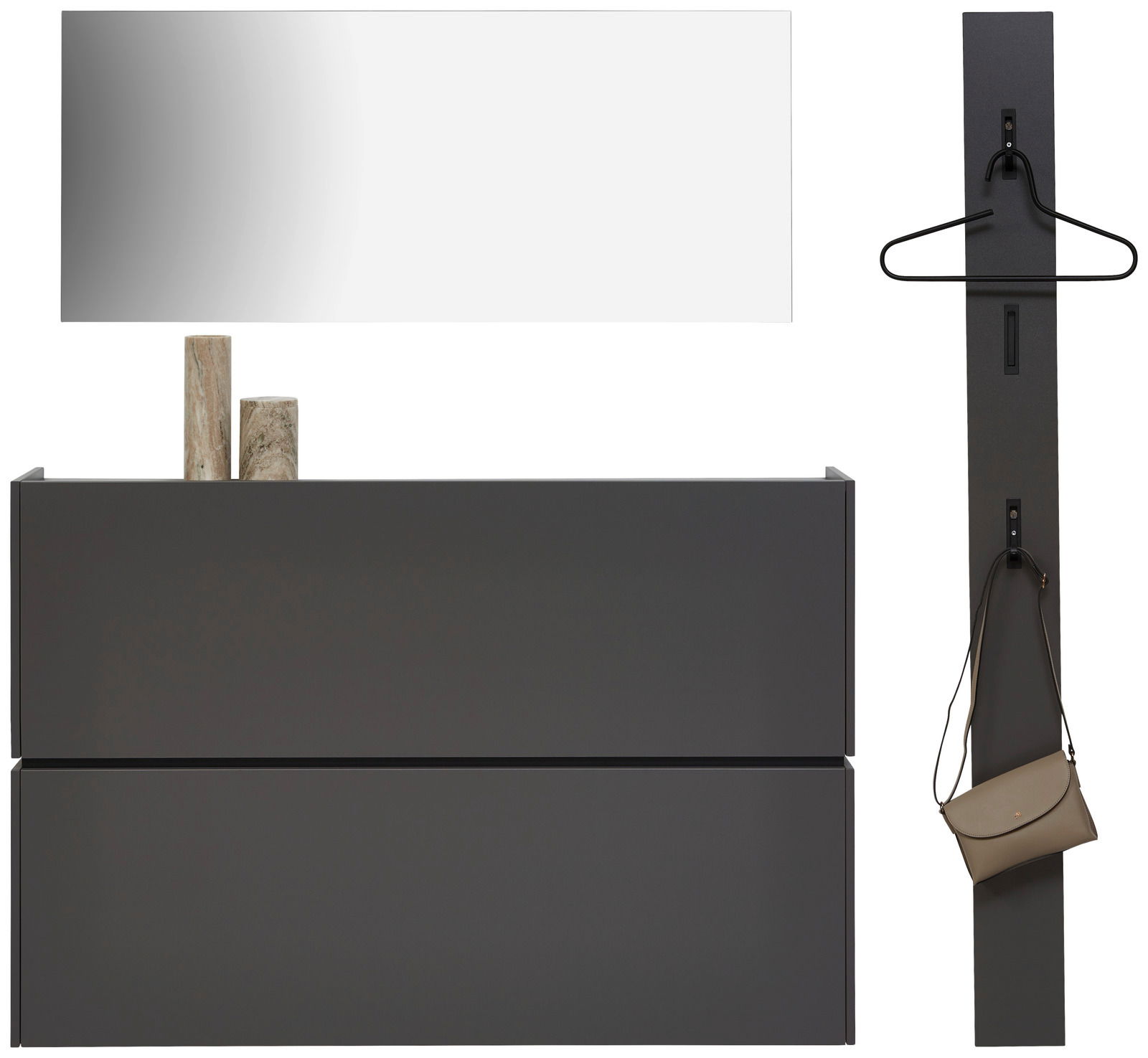 Garderoben-Set in Graphit mit Wandspiegel, Hakenleiste und Stauraum, frontal abgebildet.