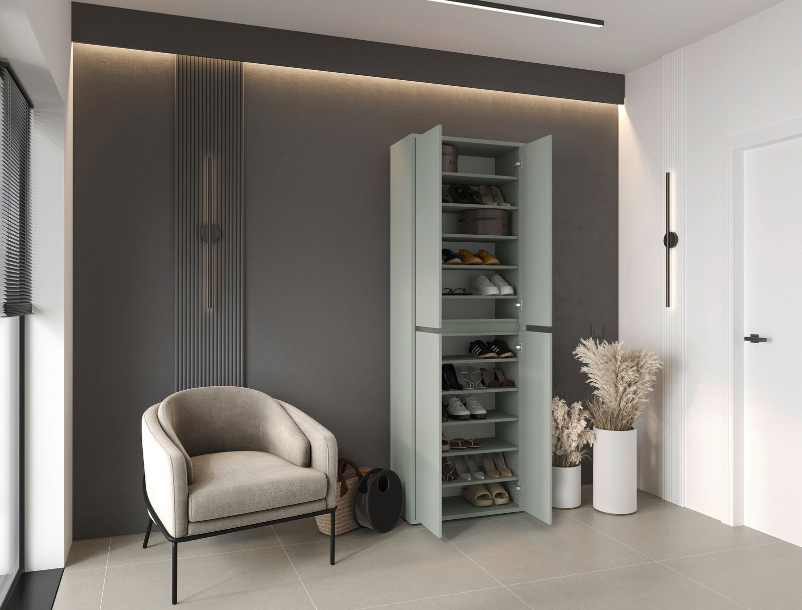 Moderner XXL-Schuh- und Mehrzweckschrank in einem stilvollen Raum, frontal betrachtet, mit offenen Türen und mehreren Regalböden für Schuhe und Aufbewahrung.