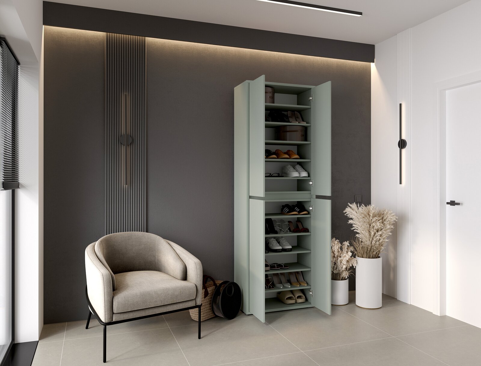 Moderner XXL-Schuh- und Mehrzweckschrank in einem stilvollen Raum, frontal betrachtet, mit offenen Türen und mehreren Regalböden für Schuhe und Aufbewahrung.