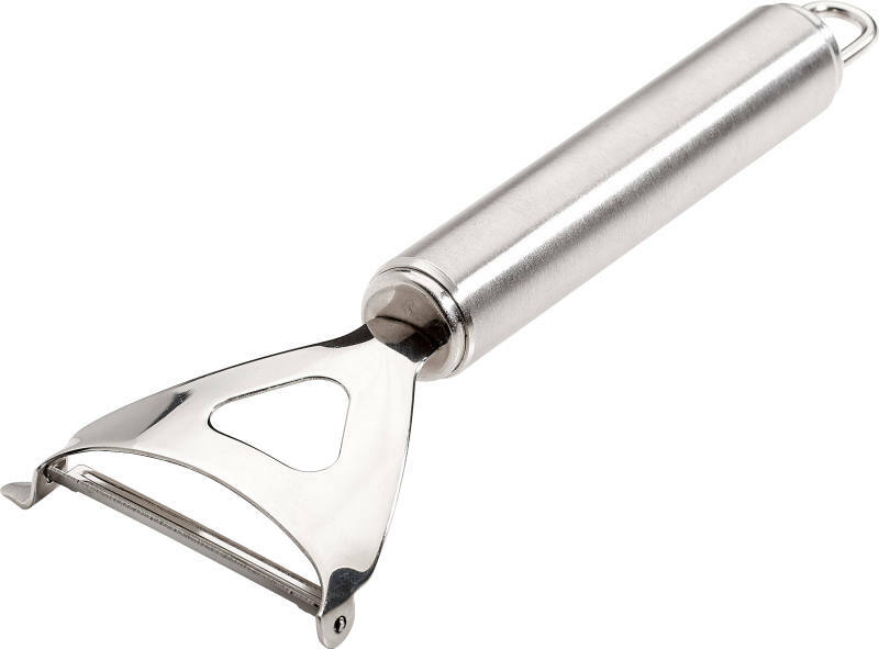 Metallischer Sparschäler mit Ausstecher, seitliche Perspektive