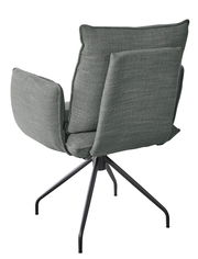 Rückansicht eines modernen Sessels mit grauem Stoffbezug und schwarzem Metallgestell.