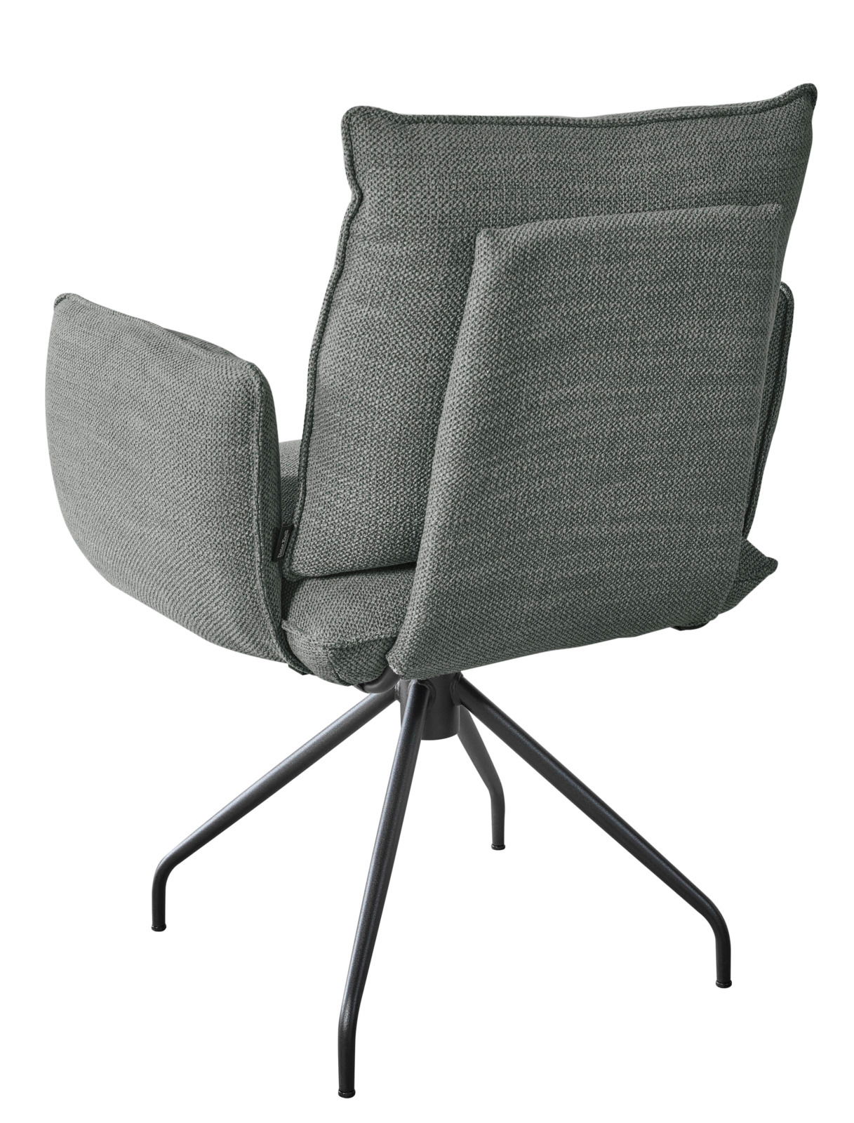 Rückansicht eines modernen Sessels mit grauem Stoffbezug und schwarzem Metallgestell.
