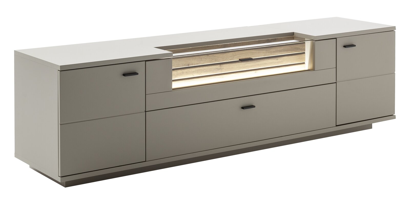 Modernes TV-Element in hellem Holzdesign mit integrierter Beleuchtung, seitliche Perspektive