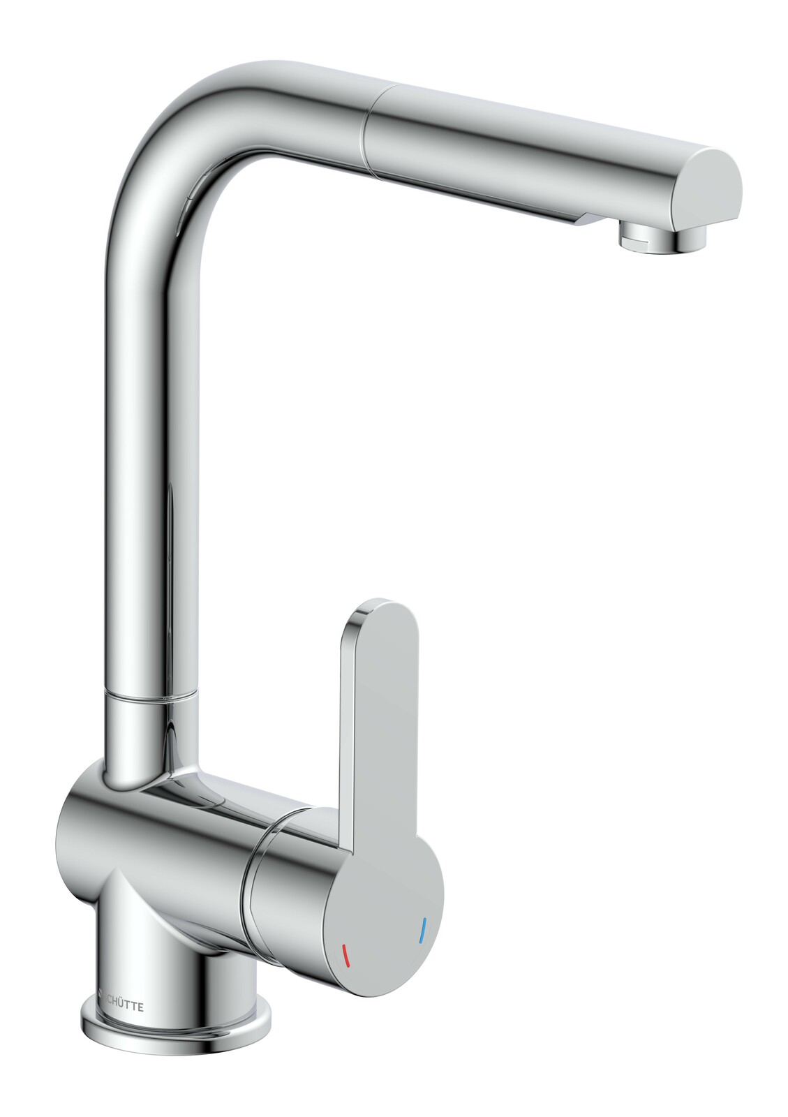 Moderne Spültischarmatur aus Chrom in seitlicher Perspektive