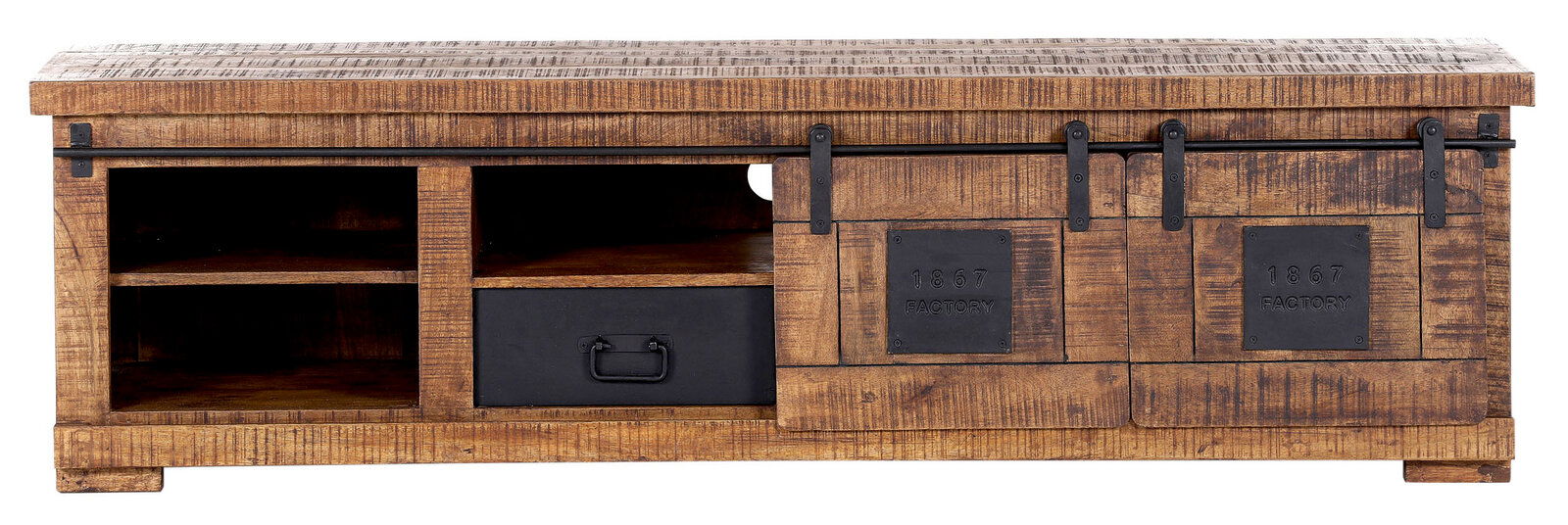 Rustikales TV-Lowboard aus Holz mit Schiebetüren und Metallakzenten, Vorderansicht