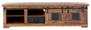 Rustikales TV-Lowboard aus Holz mit Schiebetüren und Metallakzenten, Vorderansicht
