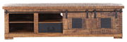 Rustikales TV-Lowboard aus Holz mit Schiebetüren und Metallakzenten, Vorderansicht