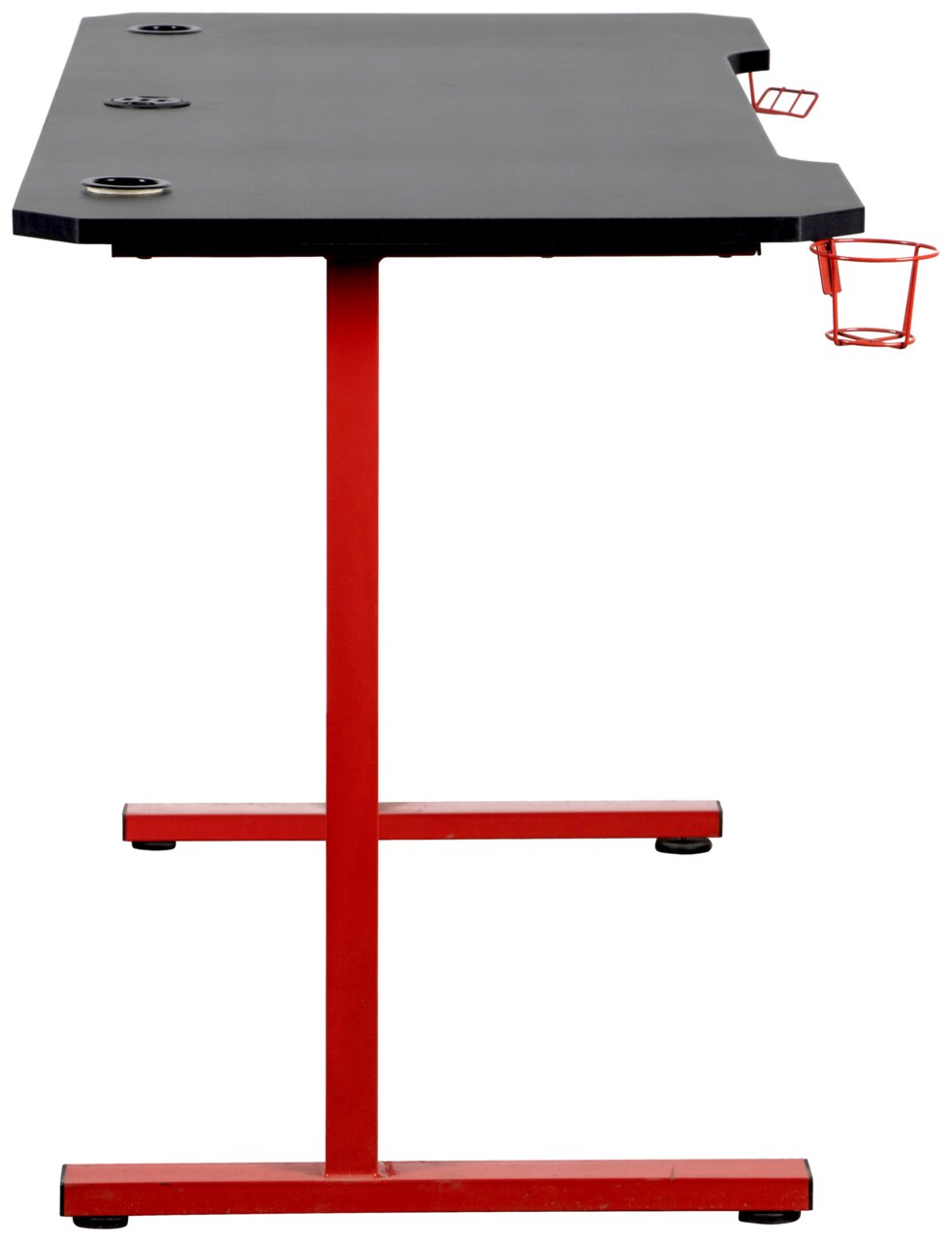 Zijaanzicht van een gamingtafel met een zwart tafelblad en een rood metalen onderstel, voorzien van bekerhouders.