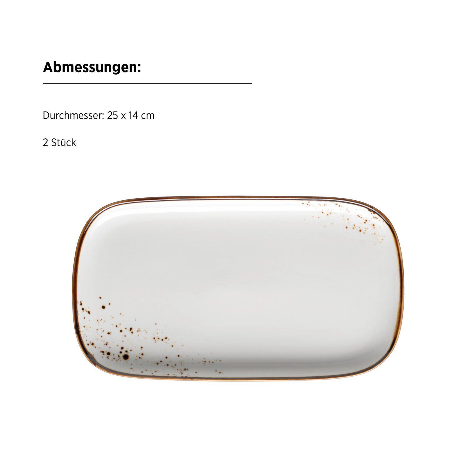 Rechteckiger weißer Keramik-Servierteller mit braunem Rand und Sprenkel-Dekor, ca. 25 x 14 cm, Draufsicht von oben auf weißem Hintergrund
