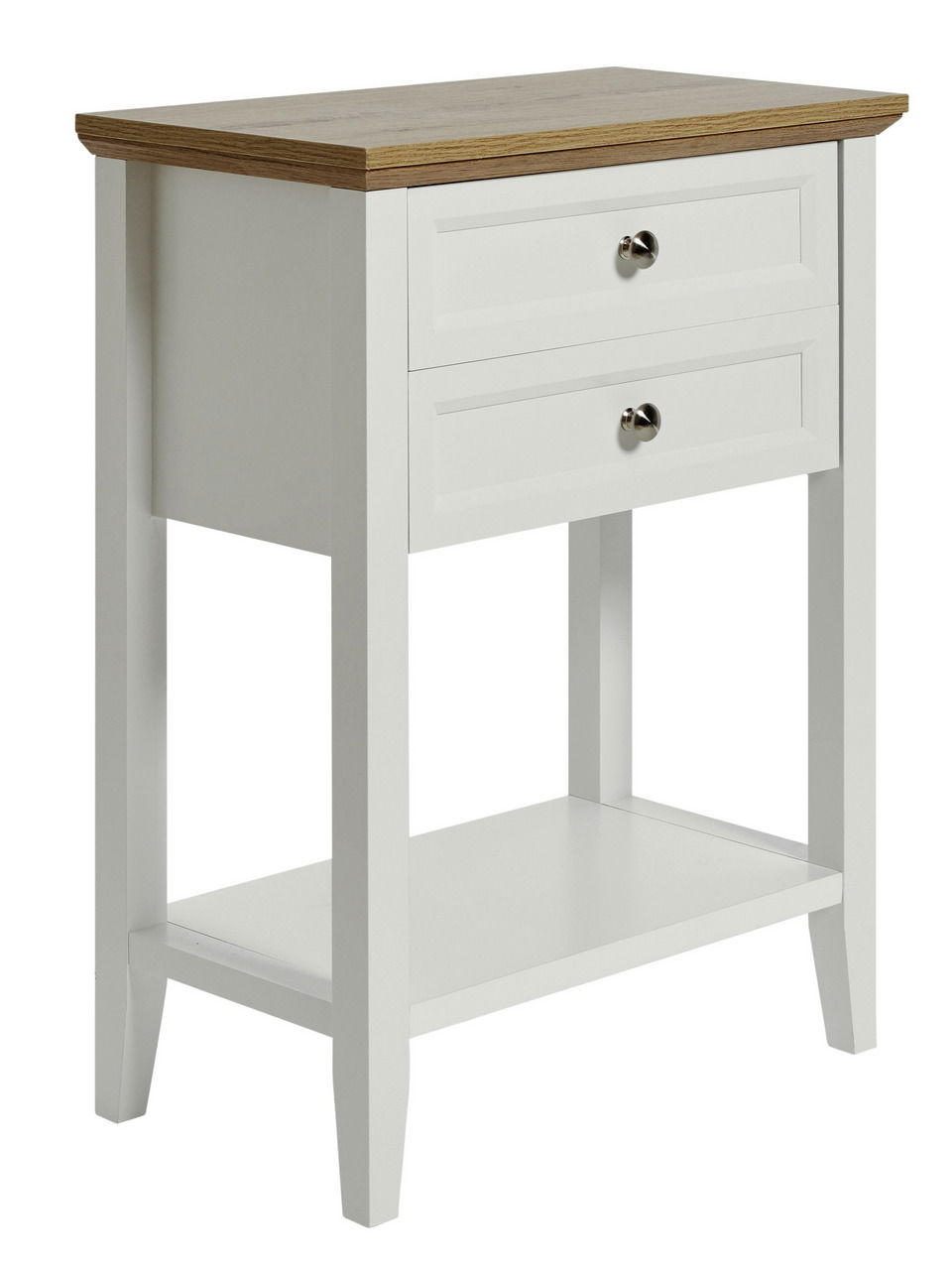 Weißer Beistelltisch mit zwei Schubladen und Holzplatte, seitliche Perspektive