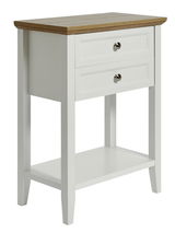 Weißer Beistelltisch mit zwei Schubladen und Holzplatte, seitliche Perspektive