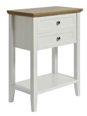 Weißer Beistelltisch mit zwei Schubladen und Holzplatte, seitliche Perspektive