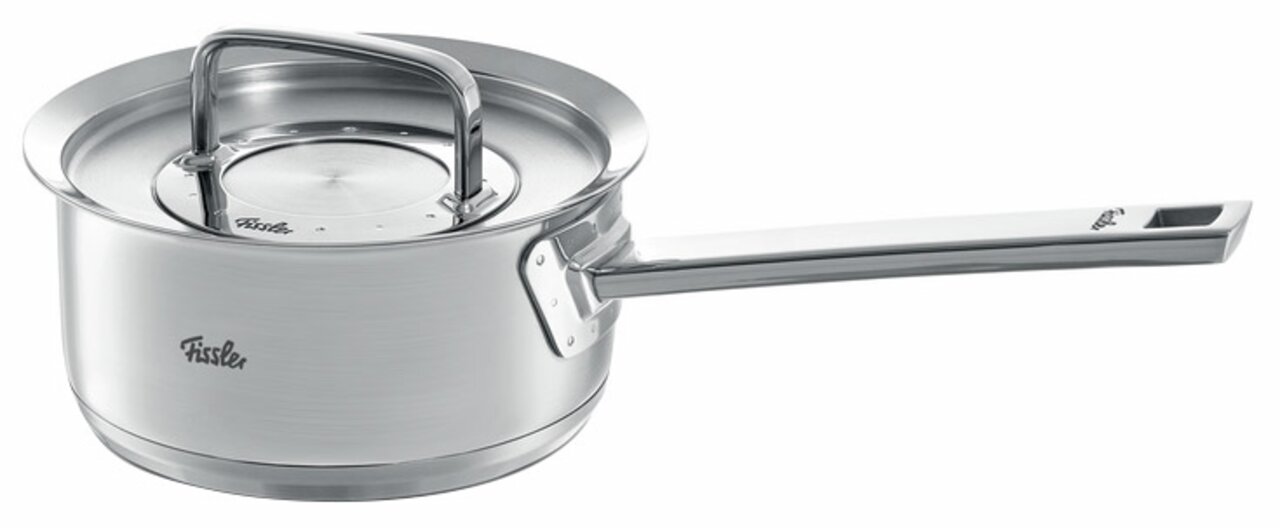 Metalen steelpan, 16 cm, met deksel en lange handgreep, zijaanzicht
