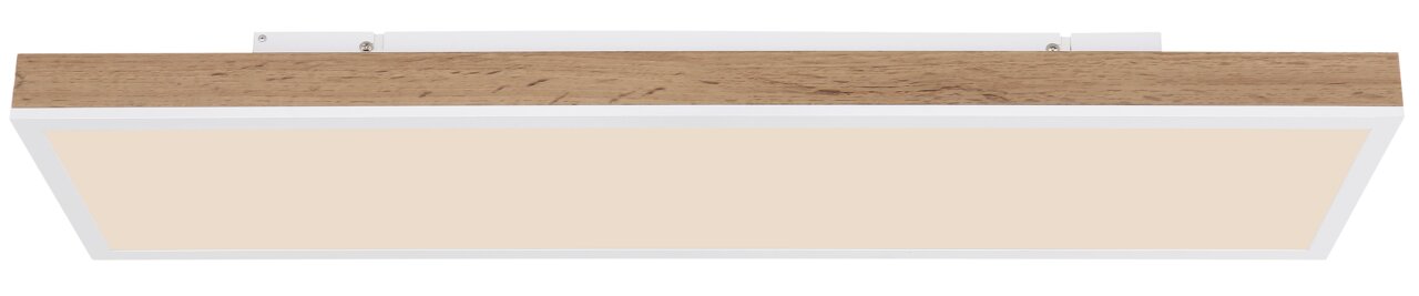 Rechteckige Deckenleuchte mit Holzoptikrahmen, seitliche Perspektive