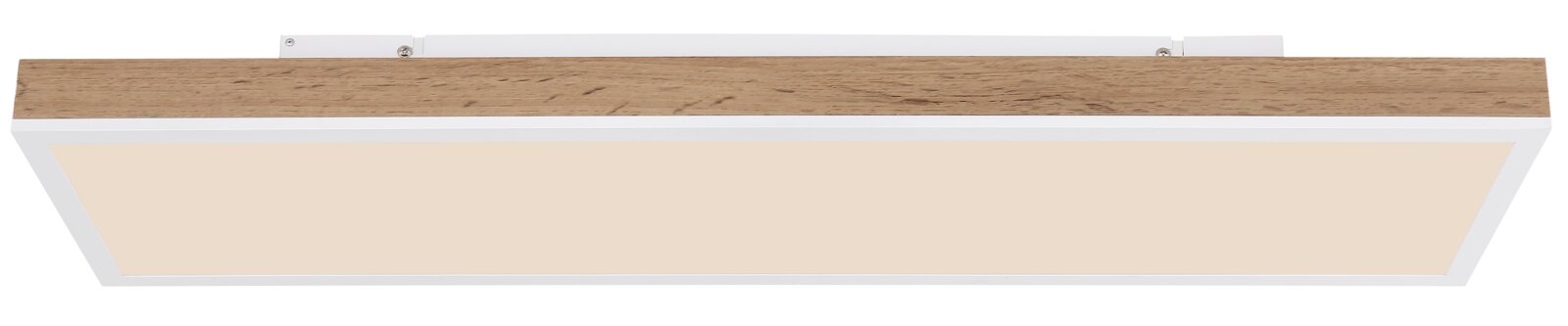 Rechteckige Deckenleuchte mit Holzoptikrahmen, seitliche Perspektive