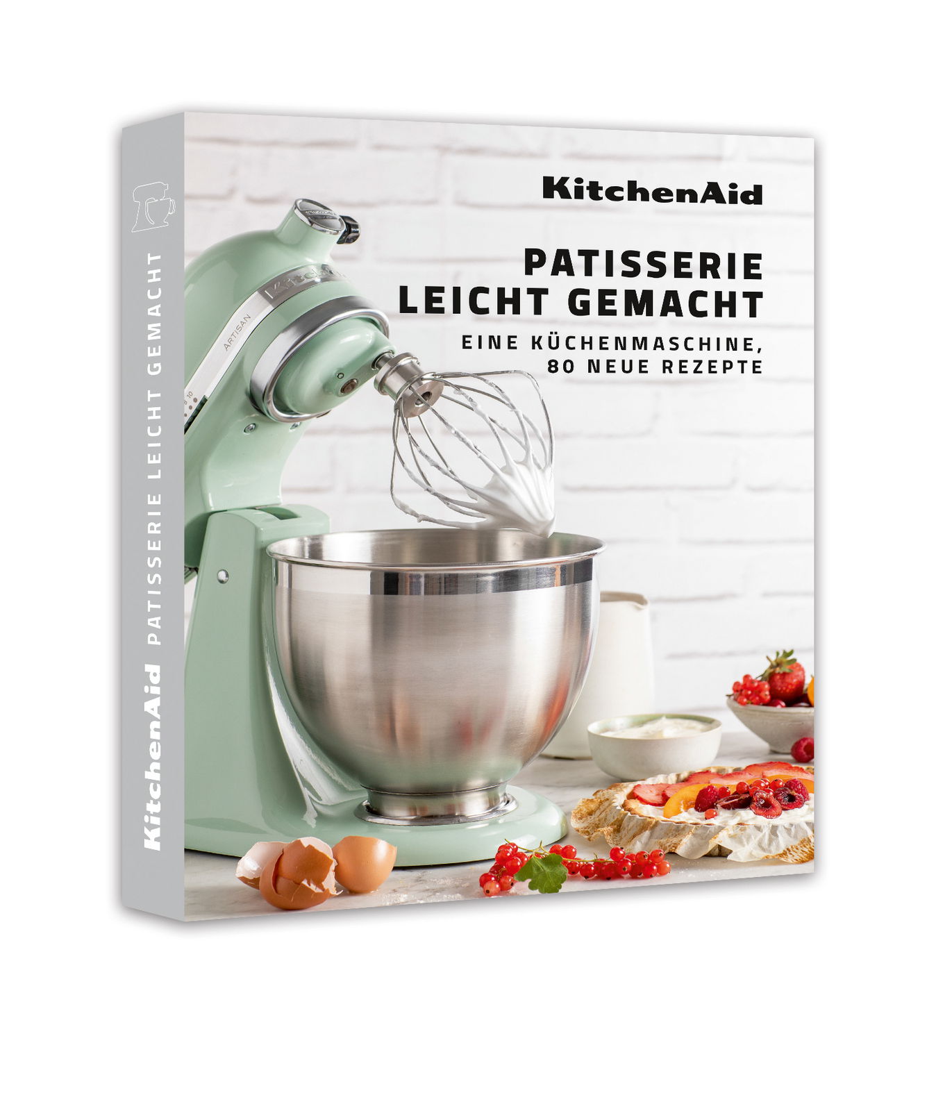 Küchenmaschine in Pastellgrün mit Rührschüssel und Schneebesen, umgeben von Backzutaten und Gebäck, auf dem Cover eines Backbuchs mit dem Titel 'Patisserie leicht gemacht'. Perspektive: leicht schräg von vorne.