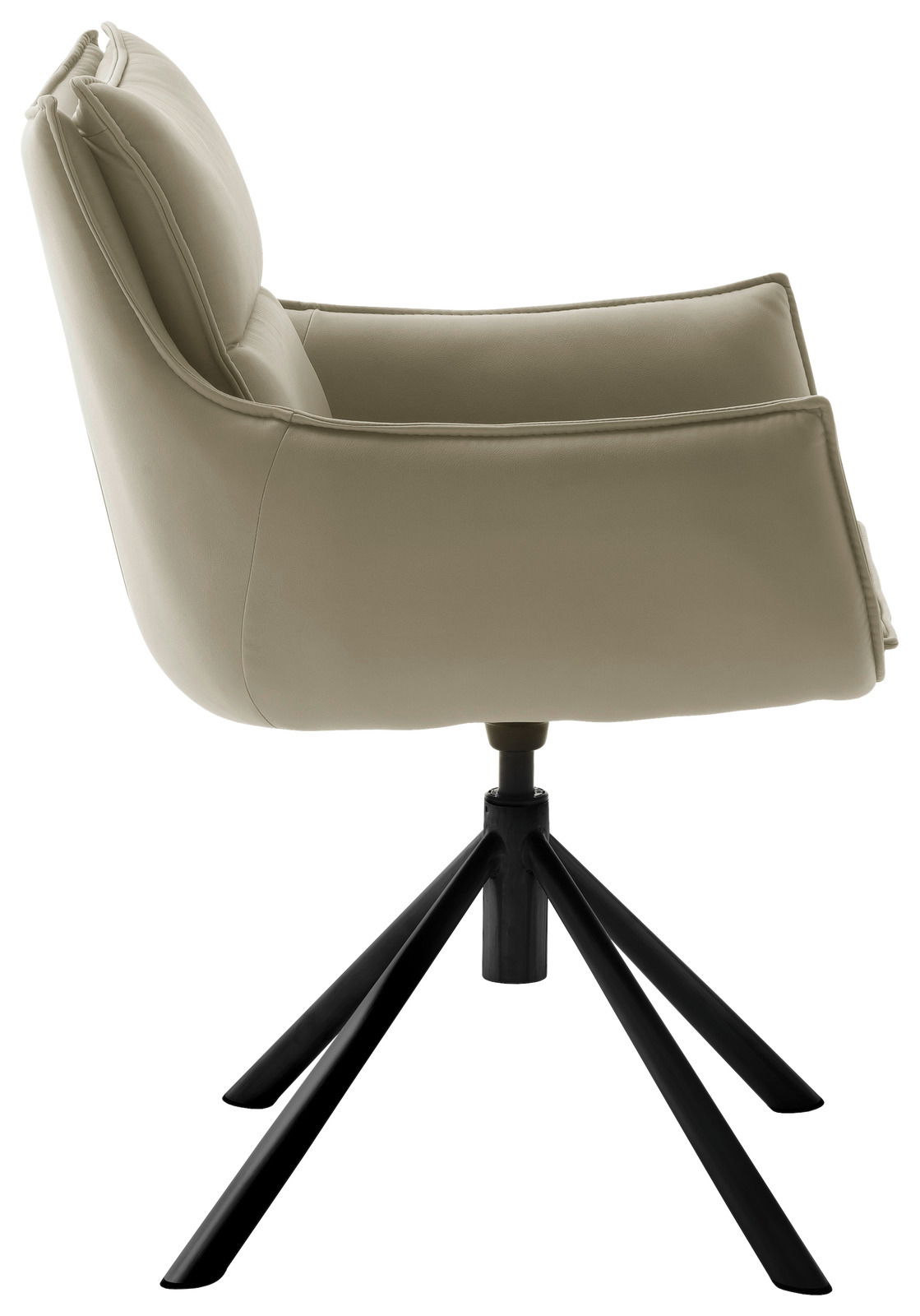 Moderner Sessel in Seitenansicht mit beigem Polster und schwarzem Metallgestell.