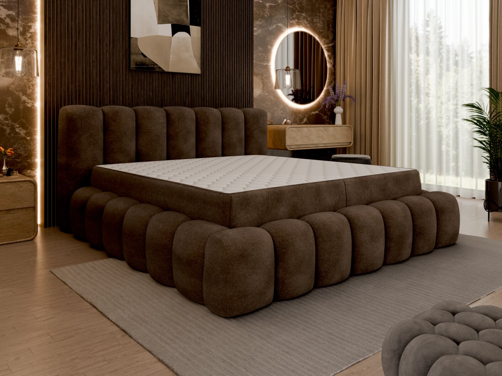 Luxuriöses Polsterbett in einem stilvollen Schlafzimmer, seitliche Perspektive