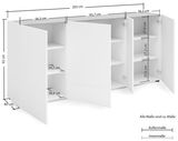 Weißes XL-Sideboard mit offenen Türen, zeigt Innenregale und Maße aus der Perspektive von vorne links.