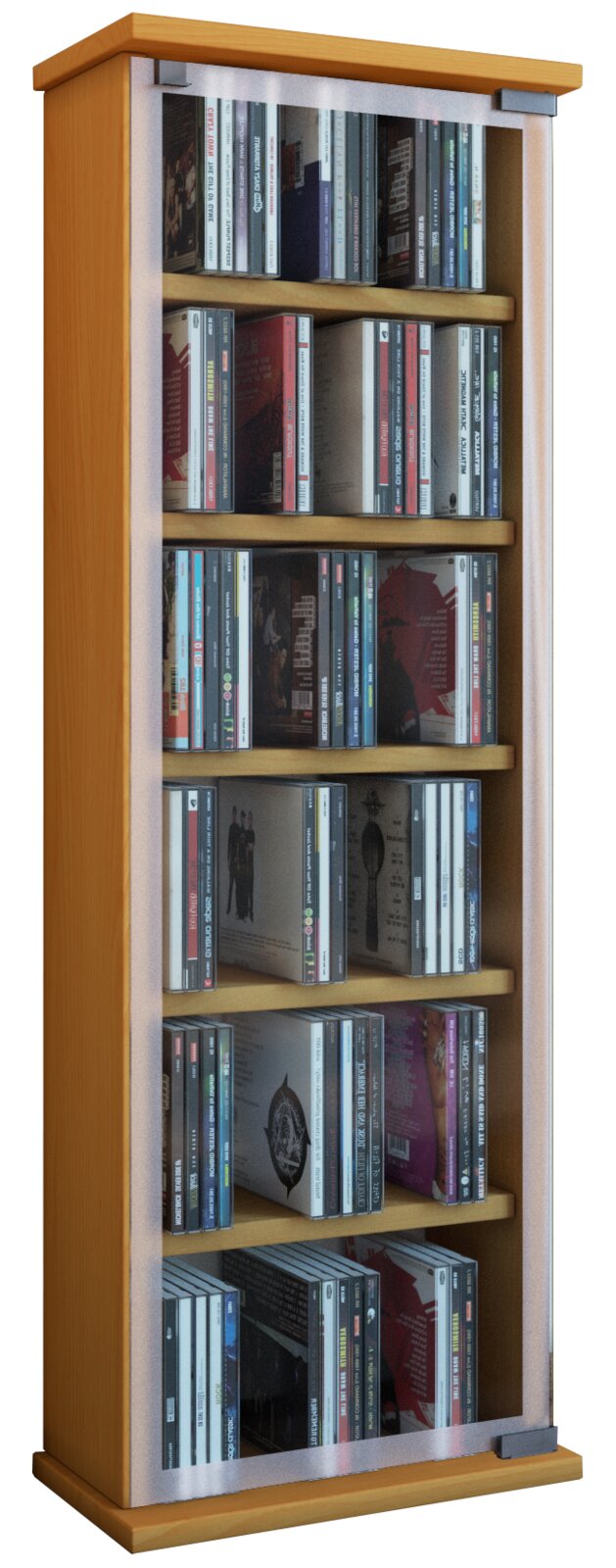 Schmales CD-Regal aus hellem Holz mit Metallrahmen und transparenter Front, gefüllt mit CDs frontale Ansicht leicht schräg von links.