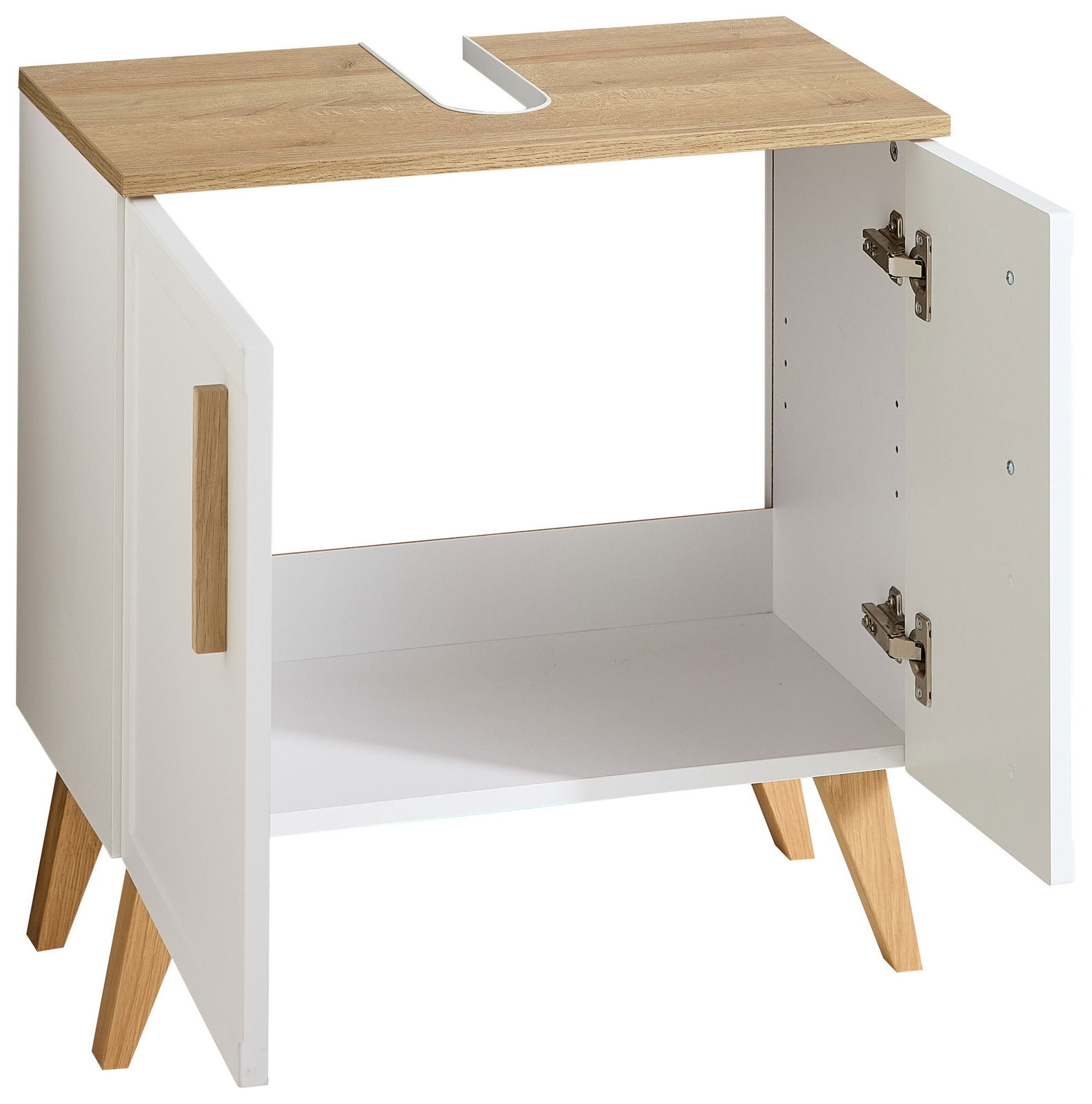 Waschbeckenunterschrank mit offenem Schrank, Holzoptik-Oberfläche und schrägen Holzbeinen, Perspektive von vorne rechts
