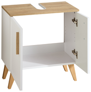 Waschbeckenunterschrank mit offenem Schrank, Holzoptik-Oberfläche und schrägen Holzbeinen, Perspektive von vorne rechts