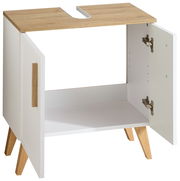 Waschbeckenunterschrank mit offenem Schrank, Holzoptik-Oberfläche und schrägen Holzbeinen, Perspektive von vorne rechts