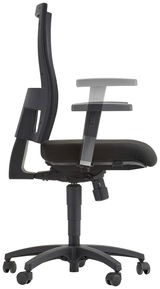 Seitenansicht eines schwarzen Drehstuhls mit verstellbaren Armlehnen und Netzrückenlehne.