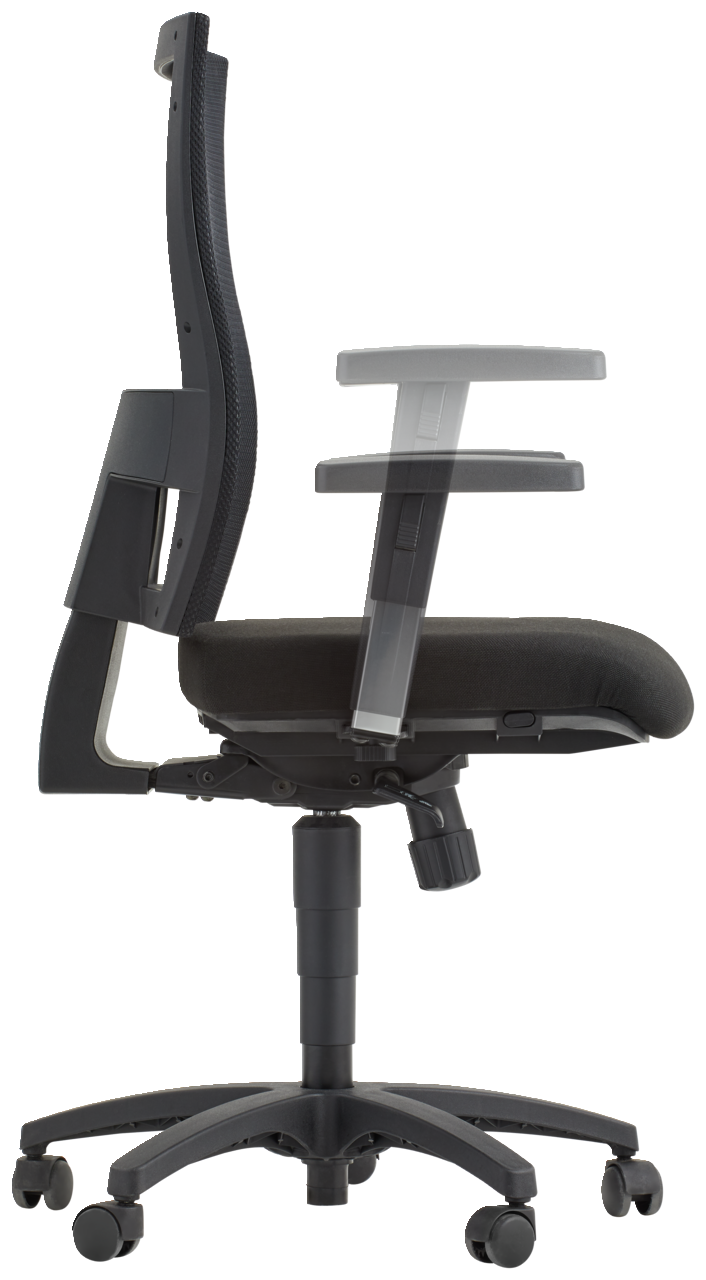 Seitenansicht eines schwarzen Drehstuhls mit verstellbaren Armlehnen und Netzrückenlehne.