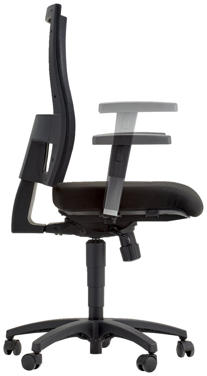 Seitenansicht eines schwarzen Drehstuhls mit verstellbaren Armlehnen und Netzrückenlehne.