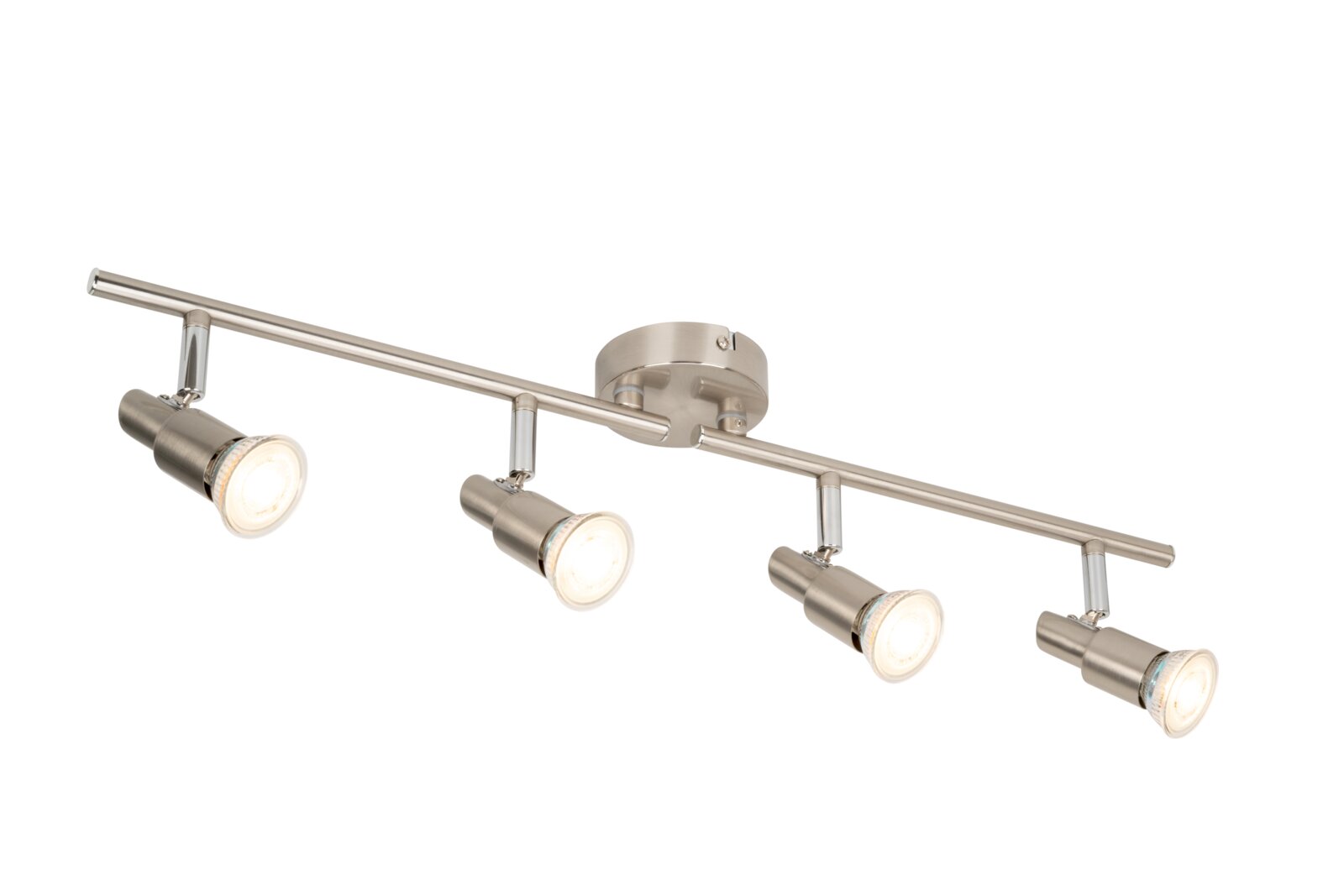 LED-Strahler mit vier verstellbaren Spots in moderner, gebürsteter Metalloptik, seitliche Perspektive