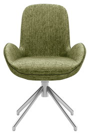 Grüner Armlehnstuhl mit Stoffbezug und Metallgestell, Frontalansicht