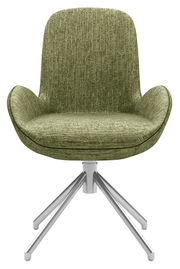 Grüner Armlehnstuhl mit Stoffbezug und Metallgestell, Frontalansicht