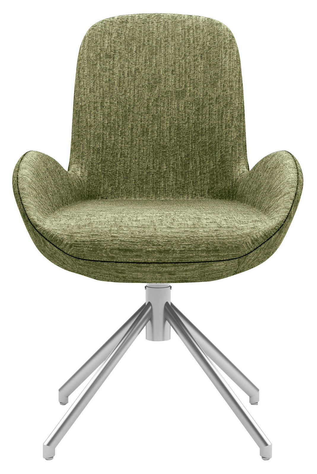 Grüner Armlehnstuhl mit Stoffbezug und Metallgestell, Frontalansicht