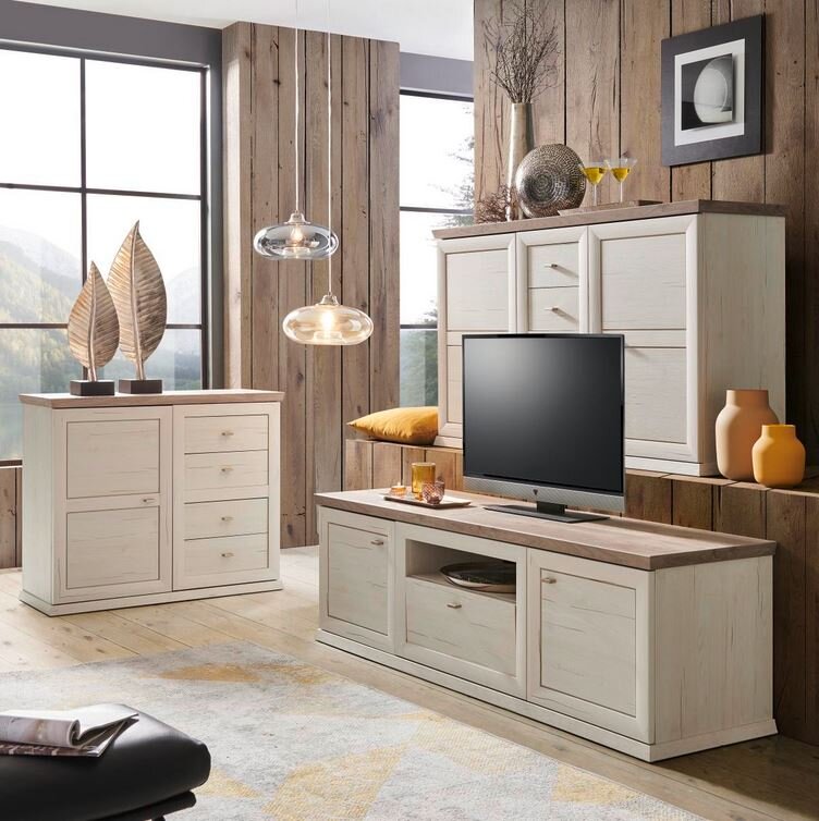 Hom´in TV-Lowboard CAMRON Wohnzimmermöbel-Set in heller Holzoptik mit TV-Lowboard, Sideboard und Vitrine, seitliche Perspektive