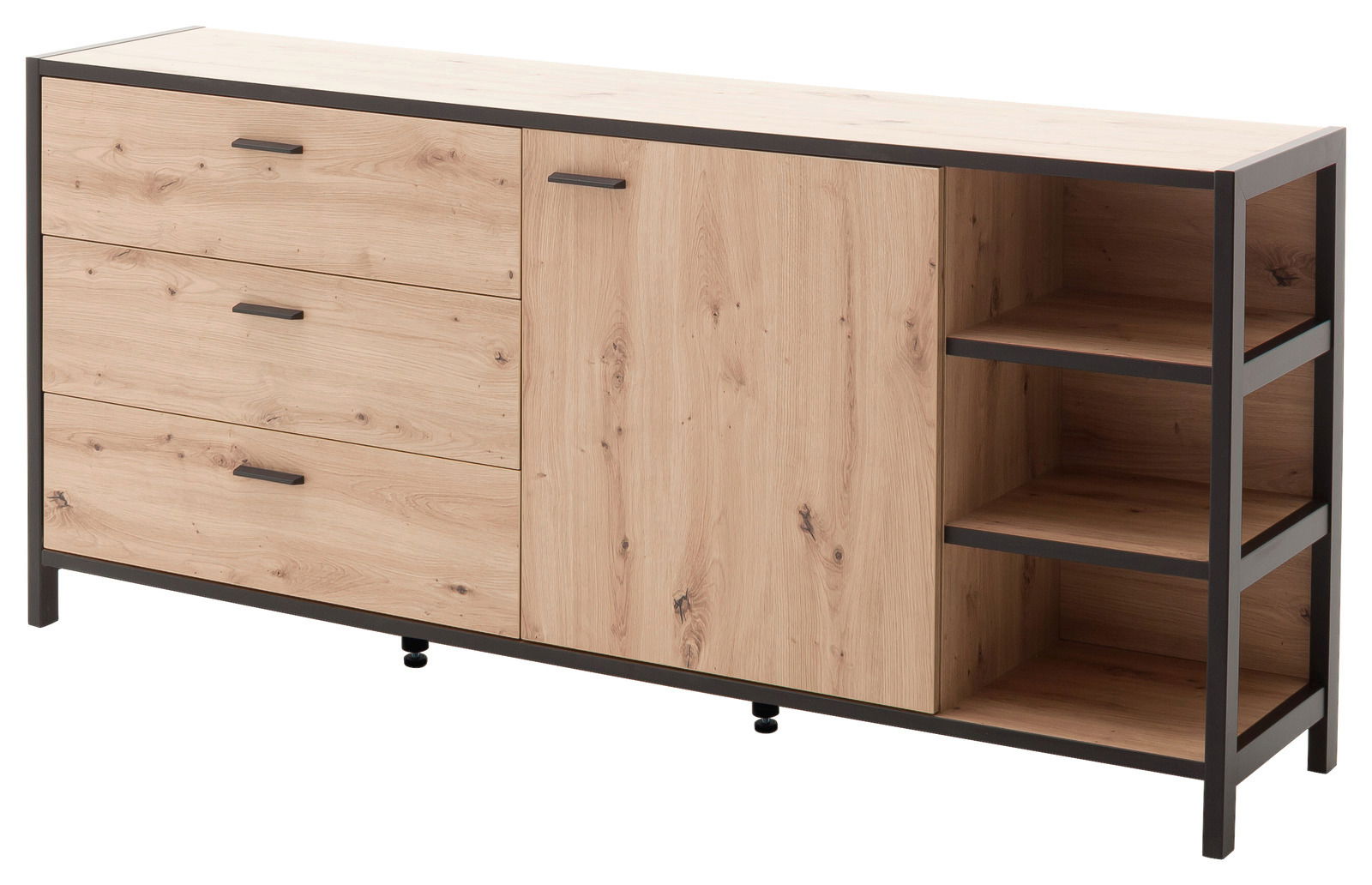 Modernes Sideboard aus hellem Holz mit schwarzen Metallakzenten, drei Schubladen, einer Tür und offenen Regalfächern, seitliche Perspektive
