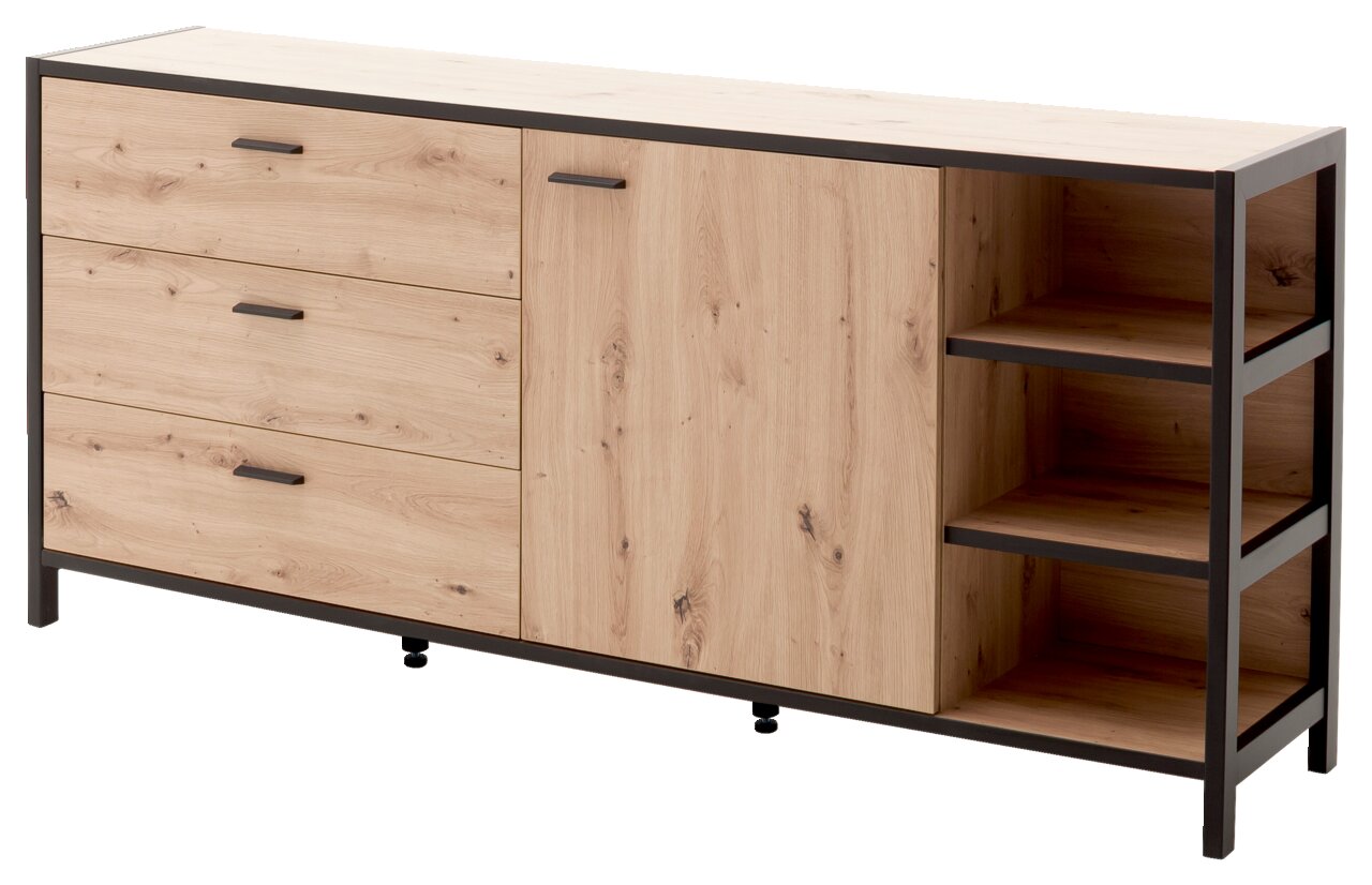Modernes Sideboard aus hellem Holz mit schwarzen Metallakzenten, drei Schubladen, einer Tür und offenen Regalfächern, seitliche Perspektive
