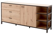 Modernes Sideboard aus hellem Holz mit schwarzen Metallakzenten, drei Schubladen, einer Tür und offenen Regalfächern, seitliche Perspektive